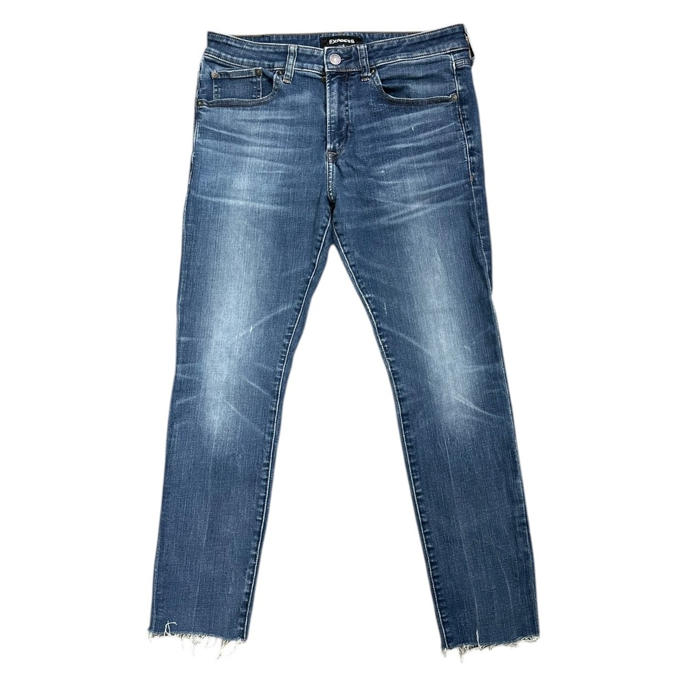 Express Hyper Stretch Skinny Jeans Medium Wash Raw Hem 32x32 Mens Blue Denim